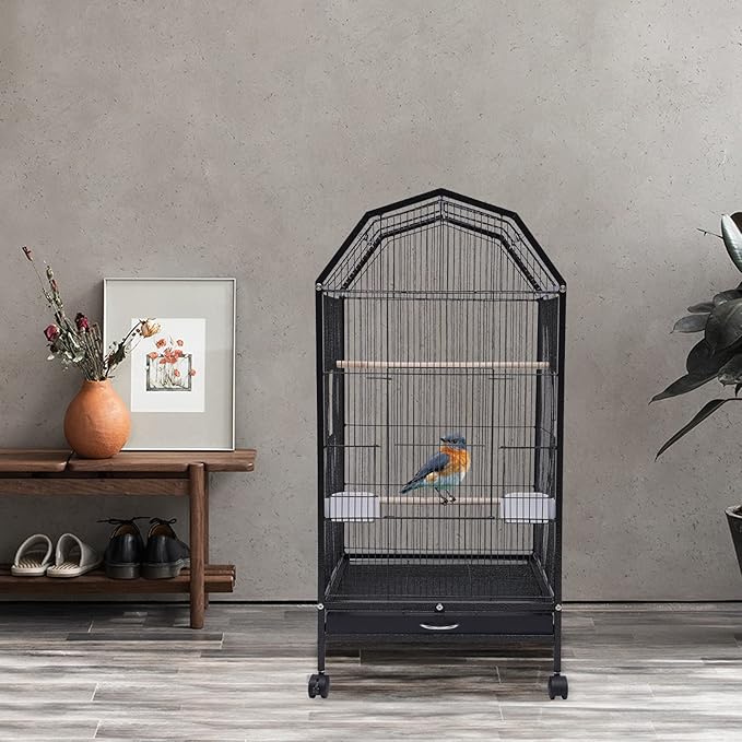 40 Inch Wrought Iron Bird Cage with Rolling Stand Metal 360 Degree View Spacious Interactive Roof Durable and Rustproof for Parrots Finches Lovebirds Budgie Canaries Macaw