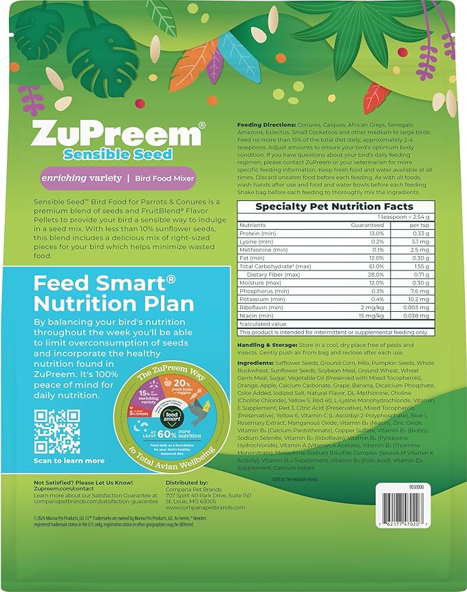 ZuPreem Sensible Seed Parrot Seed Mix Topper – Enrichment Bird Food for Parrots, Conures, African Greys, Amazons, Eclectus, Caiques & Small Cockatoos – Premium Seed Blend, 2 lb (2 Pack)
