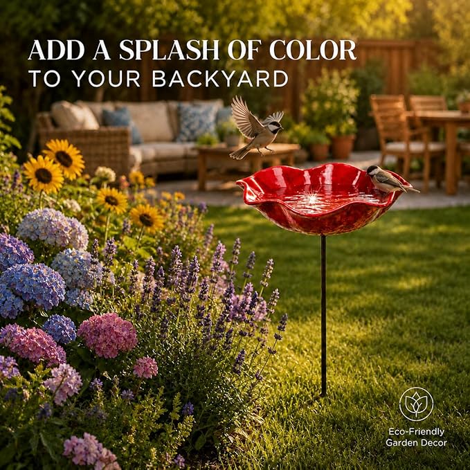 Bird Bath for Outside, Metal Flower Stakes with Bee Watering Station for Garden Decor, Decorative Flower Bath for Yard Patio or Backyard (Green)