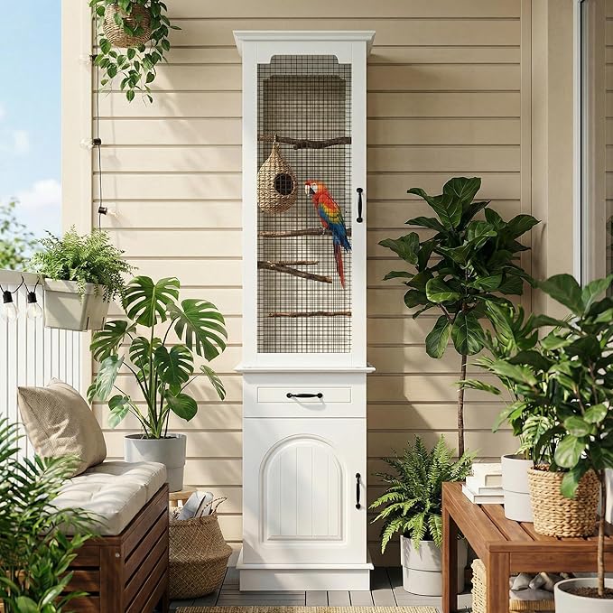 Modern White Tall Bird Cage with Storage Cabinet & Drawer, Elegant Flight Parrot Cage with Slide-Out Tray, Stylish Safe Bird Cages House for Parakeets, Cockatiels, Finches
