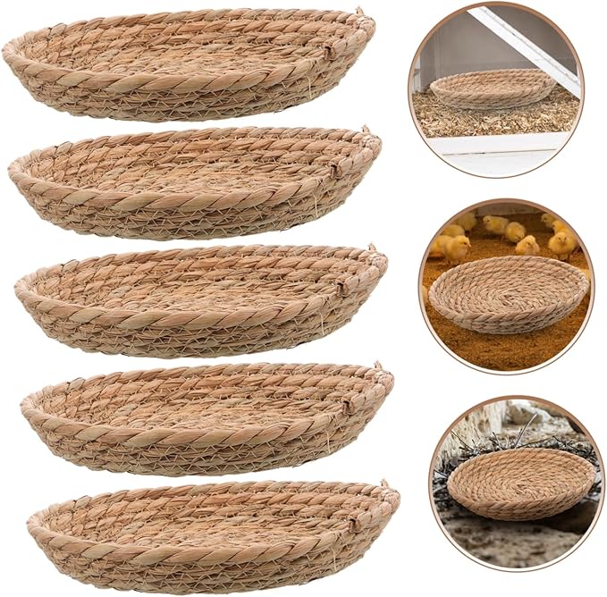 Natural Straw Breeding Nest Bowls, 5 Pack Woven Grass Rabbit Bedding Mats, 8 Inch Flat Bottom Cattail Fiber Hatching Cave for Quail Pigeons Bunnies, Edible Chinchilla Chew Toys