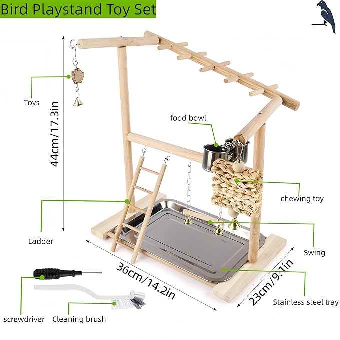Small Bird Playground Stand, Natural Wood Parrot Stand Playground with Removable Tray, Feeder Cups, Ladder, Swing & Chew Toys for Cockatiel, Conure, Parakeet
