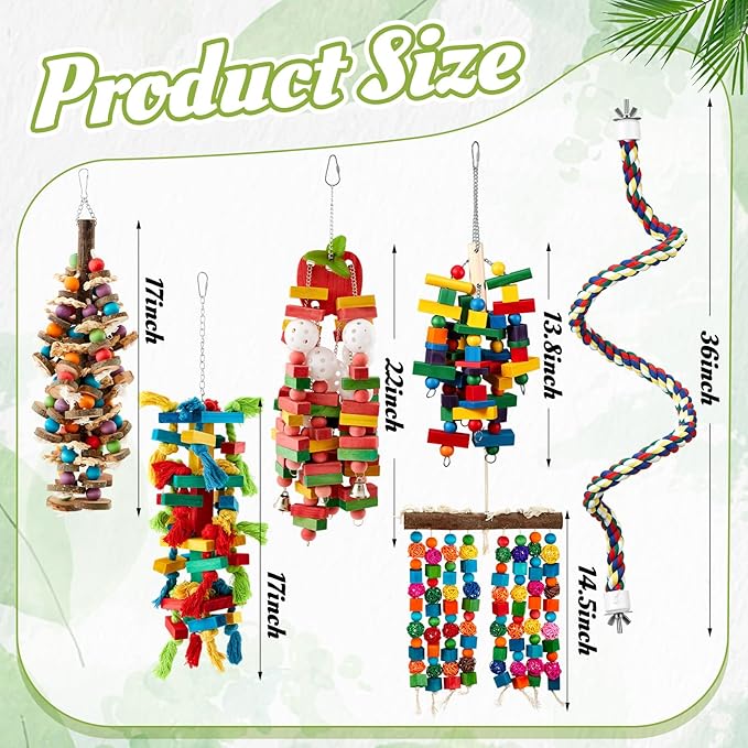 Seenelling 6 Pcs Extra Large Bird Parrot Toy Multicolored Natural Wooden Parrot Cage Chewing Toys for Large Medium Macaws Cockatoos African Grey Birds (Mixed)