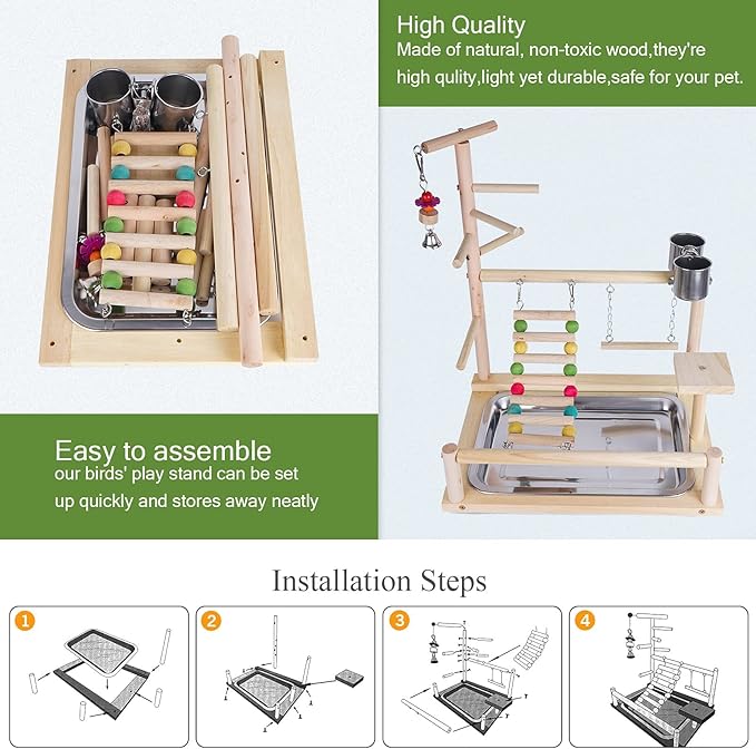Bird Playground, Parrot playstand, Bird Play Stand, Parakeet Playground, Wood Perch Gym Playpen Ladder with Feeder Cups Toys Exercise Play