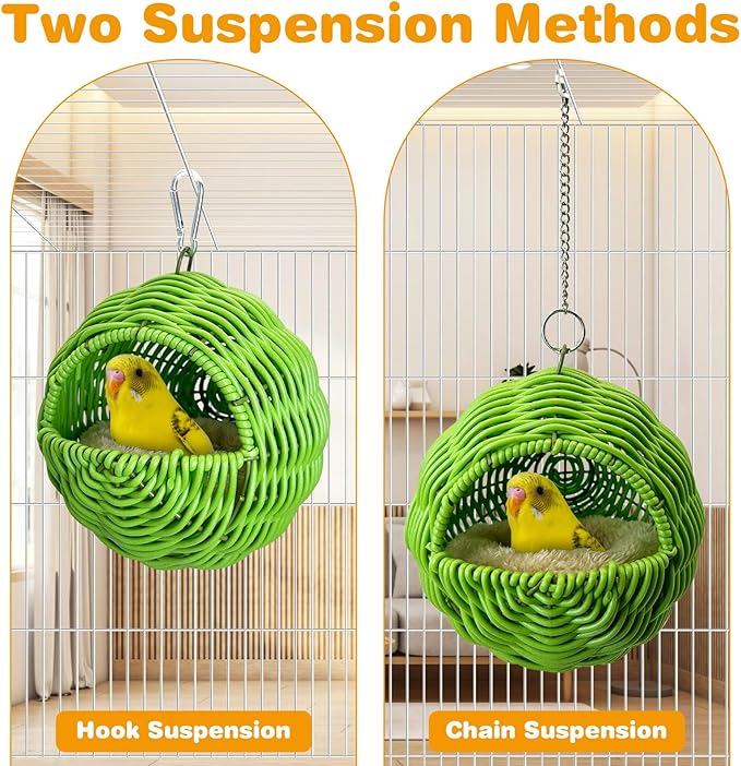 Rattan Birds Nest for Cage Hanging Parakeet House Chewproof Parrot Breeding Bed Small Budgies Hideout Swing Hut Bird Cage Accessories for Lovebirds Cockatiel Conure Finch Canary (Green)
