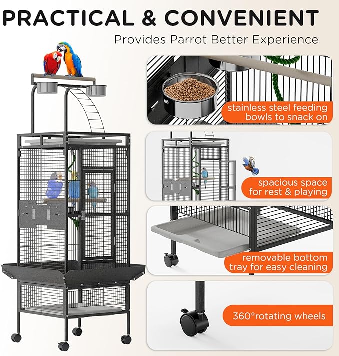Garvee 60 inch Large Bird Cage with Rolling Stand, Metal Parrot Cage with Play Top & 4 Stainless Steel Bowls, Birdcage Pet House for Conure Cockatiel Parakeet Lovebird, Black