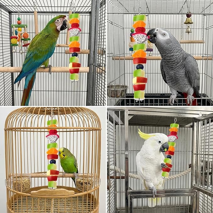 2PCS Bird Food Holder with Hook, Stainless Steel Small Fruit Feeder Animal Bird Food Treats Foraging Toy Skewer Hanging Vegetable Stick Holder Treating Tool Suitable Parrot Cockatoo Cockatiel (Silver)