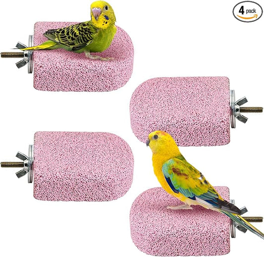 BNOSDM 4 Pcs Bird Beak Grinding Stone Chew Toy Parrot Calcium Perch Bird Stand Platform Parakeet Cage Accessories for Budgies, Cockatiels, Conures, Lovebirds, Finch (Pink)