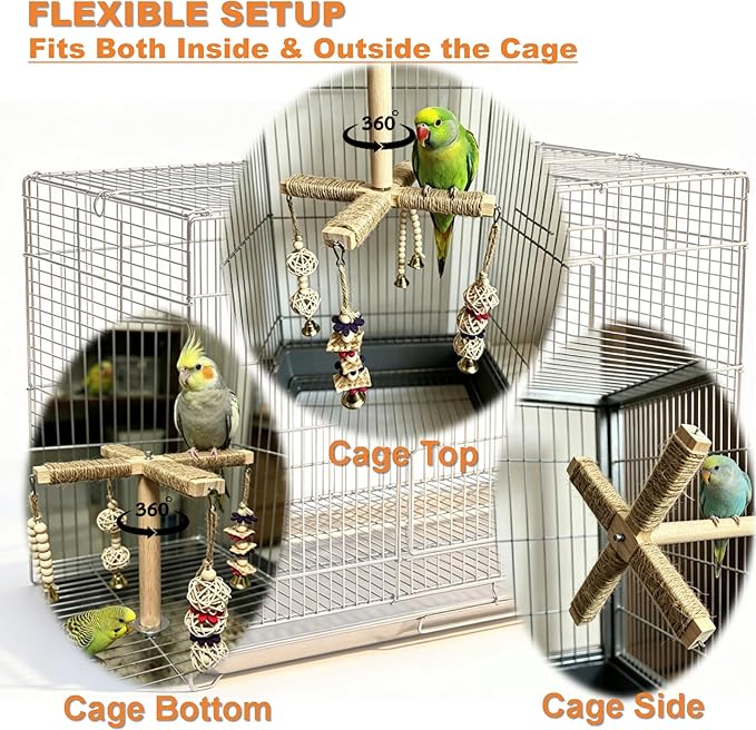 360° Rotating Bird Perch Stand - 4 Perches + 5 Natural Chew Strand, Natural Bird Cage Accessories, for Small & Medium Birds Parakeets Cockatiels Lovebirds Budgies