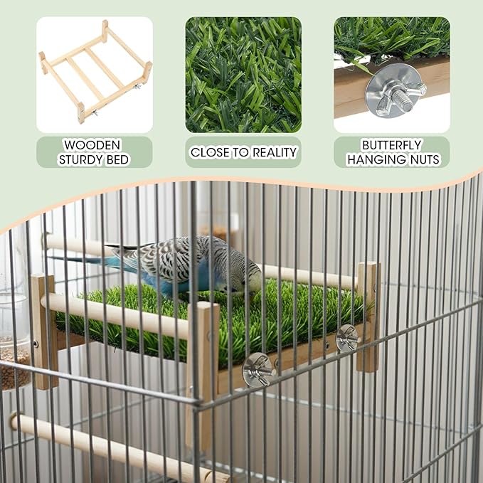 AceOrbit Bird Foraging Bed with Grass Mat 9.06 x 7.87 x 3.94 Inch Parrot Foraging Toy Hammock Bed Wood Frame Easy Install with Hardware Kit for Small Birds Cage Enrichment
