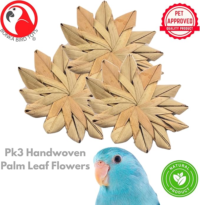 Bonka Bird Toys 1271 Pack of 3 Woven Palm Leaf Flowers 3" Natural Chew Shred Foot Toy for Extra Small to Medium Birds Parakeets Cockatiels Conures Senegals Amazons