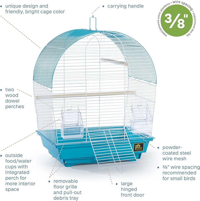 Prevue Pet Products South Beach Dome Top Bird Cage - Ideal for Parakeets, Finches, Budgies, & Canaries, Small & Portable Indoor Bird Cage, Functional Permanent or Travel Bird Cage - White & Teal