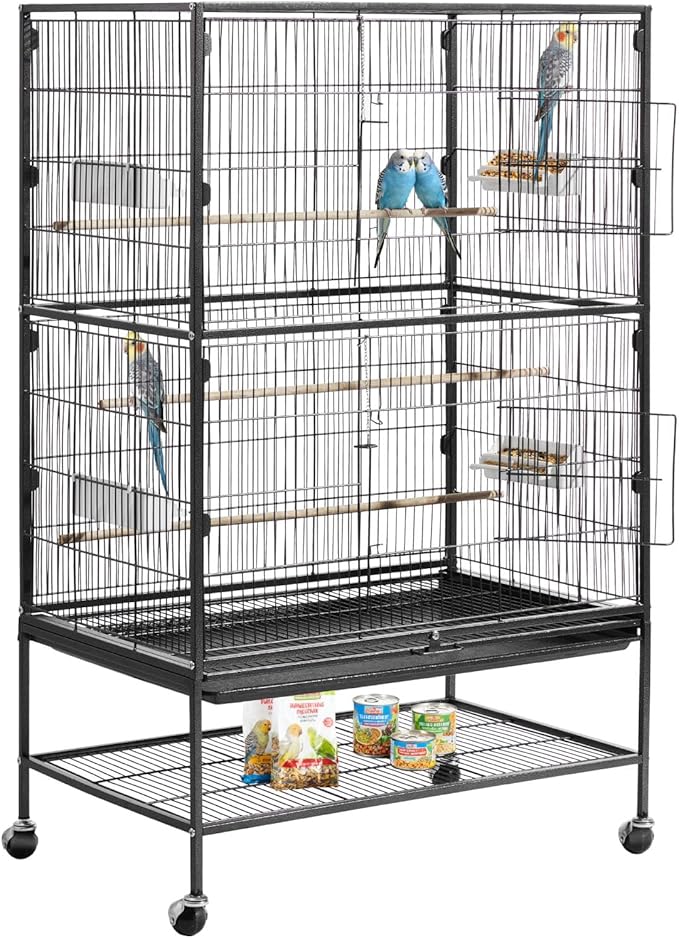VEVOR Bird Cage, 31.5 x 20.5 x 52 inch, Flat Top, Wrought Iron Bird Flight Cage with Perches, Slide-Out Tray and Plastic Feeders, Casters, for Parrot, Blue Tit, Cockatiel, Canary, and Monk Parakeet