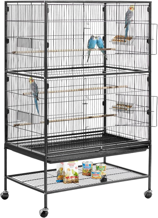 VEVOR Bird Cage, 31.5 x 20.5 x 52 inch, Flat Top, Wrought Iron Bird Flight Cage with Perches, Slide-Out Tray and Plastic Feeders, Casters, for Parrot, Blue Tit, Cockatiel, Canary, and Monk Parakeet
