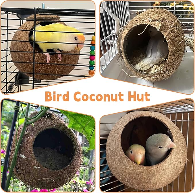 Coconut Bird Nest for Cage Natural Coconut Shell Birds House Parakeet Small Coconut Hide Breeding Hut Bird Cage Accessories for Parrot Lovebirds Budgies Cockatiel Conure Finch Canary