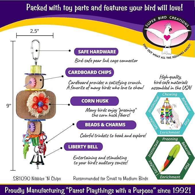 Super Bird Creations SB1090 Nibbles 'N Chips Bird Toy - Interactive Chew & Preening for Small to Medium Birds - Parrotlets Parakeets Cockatiel - Colorful Beads Chips & Corn Husk Chews - 8.5"x3"x1.5"