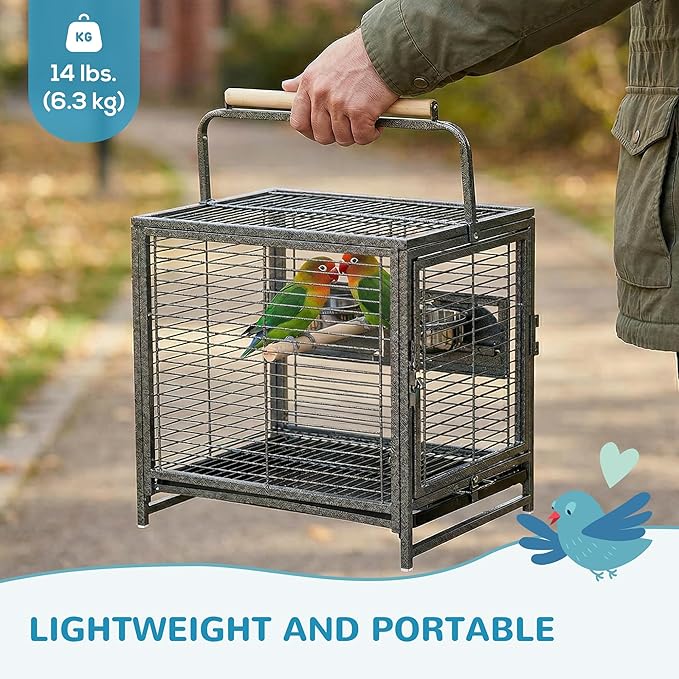 PawHut 18" Heavy Duty Wrought Iron Travel Bird Cage Carrier with Handle Perch and Accessories - Black