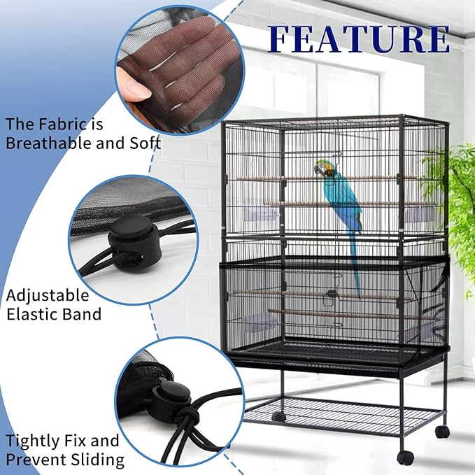 Daoeny 2Pcs Large Bird Cage Cover, Adjustable Parrot Nylon Airy Soft Mesh Net, Universal Seed Feather Catcher, Birdcage Cover Skirt Sheer Guard for Parakeet Macaw Round Square Cages