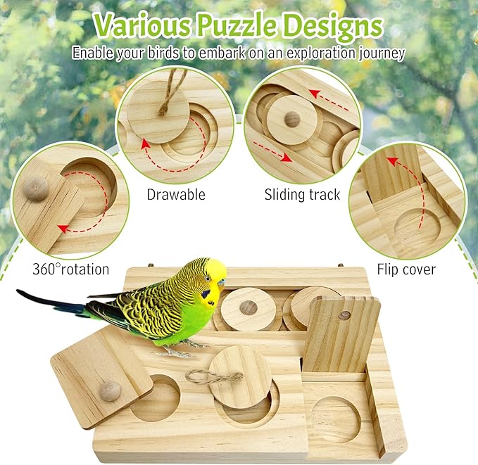 Hamiledyi Bird Foraging Toys Interactive Wooden Parrot Puzzle Toys Hanging Enrichment Toys Bird Slow Feeder Cage Accessories for Parakeet Cockatiel Lovebird Conure Finche