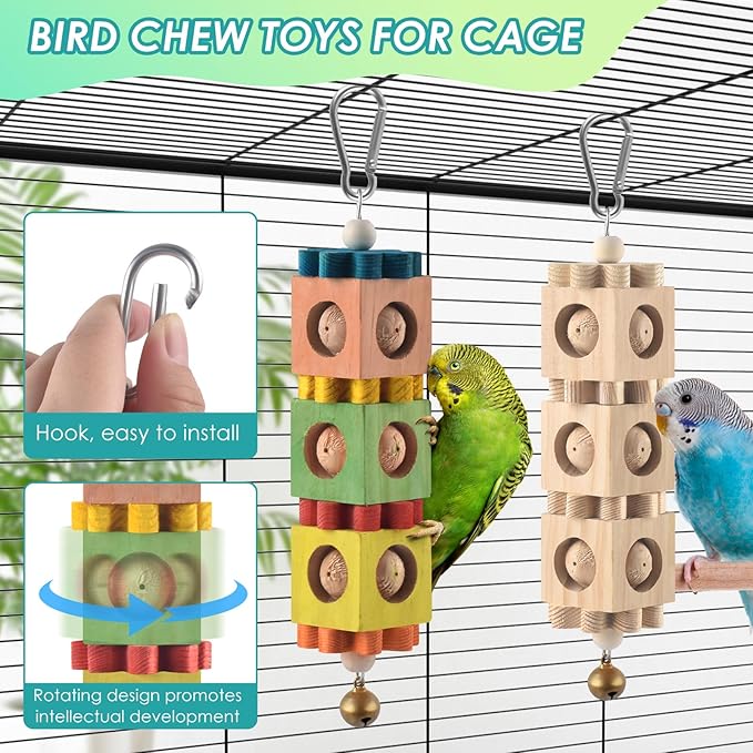 DBNESS 2 PCS Bird Chew Toys for Beak Grinding, Hanging Rotating Wood Block with Bell Parrot Foraging Enrichment Chewing Toy for Small to Medium Conure Cocktie Caique Similar Sized Pet Birds