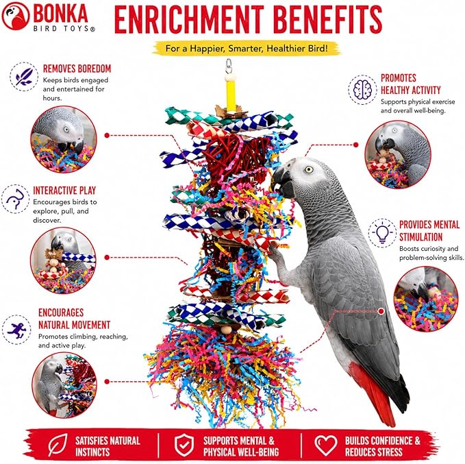 Bonka Bird Toys 1042 Huo Foraging Hearts Bird Toy for Medium Large Birds Interactive Shredding and Chewing Cage Toy Colorful Palm Leaf and Paper Enrichment Toy 12.5"