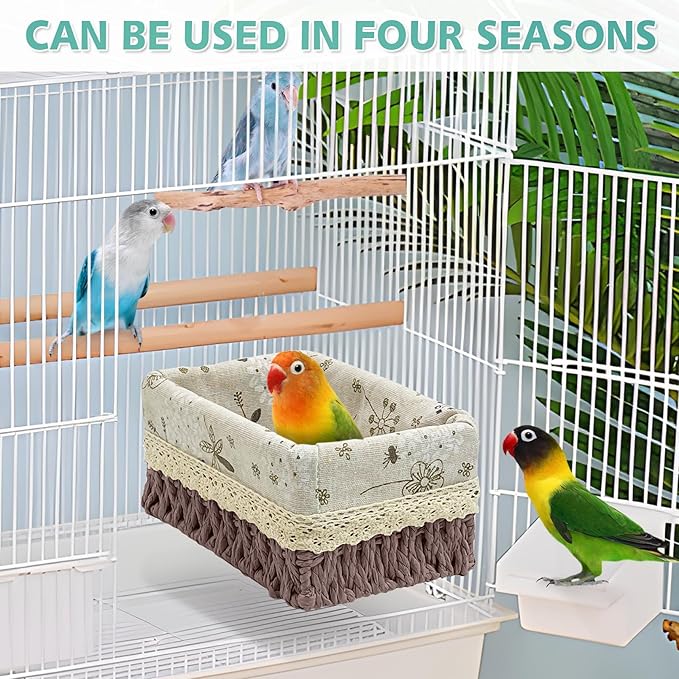 kathson Bird Nest Parrot House Birds Sleeping Bed Straw Weave All Season Hanging Hammock Bird Bed Snuggle Hut Birdcage Accessories for Parakeets Budgies Cockatiels Conures Quaker Parrot (Grey)