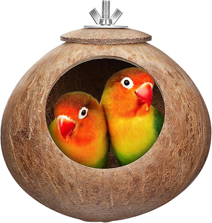 POPETPOP Natural Coconut Fiber Hanging Birdhouse for Cage - Coconut Shell Pet Bird Nest, Hanging Bird Breeding Nest for Parrot Parakeet Lovebird Finch Canary