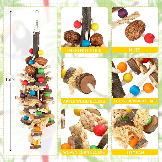 Soulchen 4 Pcs Extra Large Bird Parrot Toy Set Natural Wooden Chewing Toy, Rattan Ball, Wood Nut Loofah String (Bagged) for Large Macaws, African Grey, Amazon Parrots (Wooden Block)