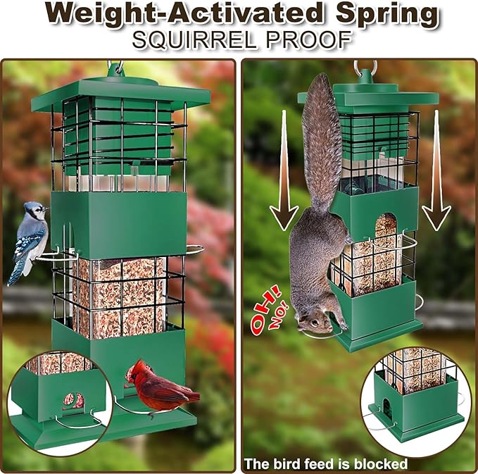 Squirrel Proof Bird Feeder, 3Lb Capacity Metal Bird Feeders for Outdoors Hanging, All-Weather Weight Activated Tube Birdfeeder with 4 Ports for Outside, Cardinal Finch Bluebird (Green)