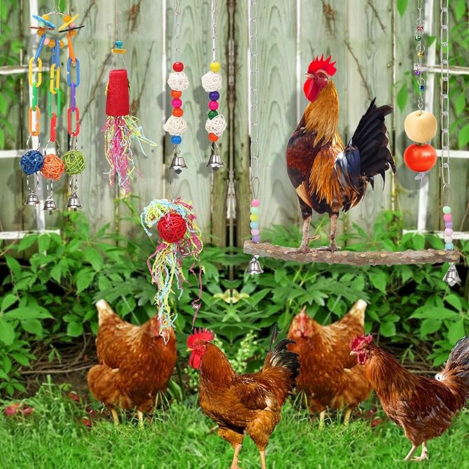14PCS Chicken Toys for Coop Accessories - Longer Chain Chicken Swing, Chicken Toy for Hens in Coop, Chicken Perch Mirror Toy with Bells, Add Fun Toys for Chickens