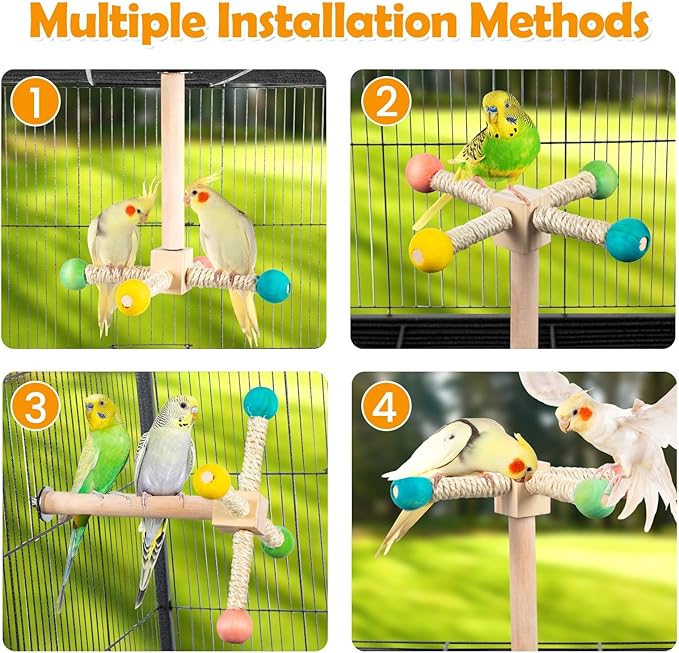 FrgKbTm Rotating Bird Perches Toy, Interactive Spinning Parrot Parakeet Toys, Wooden Exercise Stand Bird Cage Accessories for Budgies,Cockatiels,Small Birds
