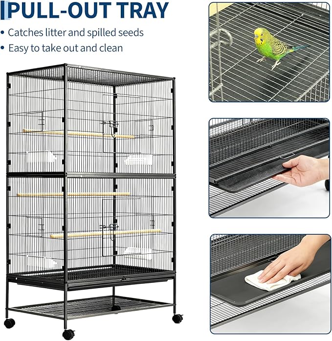 GarveeHome 60" H Large Bird Cage, Bird Cage with Rolling Storage Stands, Feed Bowls, Wide Tall Parakeet Cage for Parrots, Conures, Cockatiel, Cockatoo