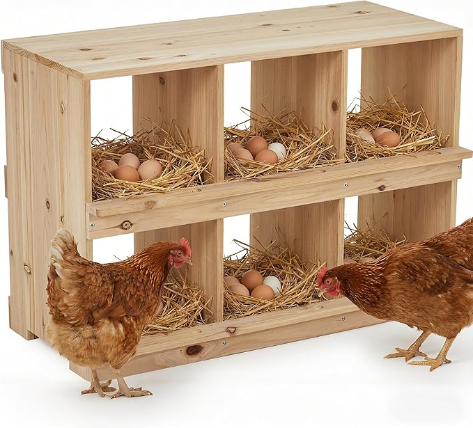 GarveeLife Wooden Chicken Nesting Box, 6-Compartment, Wall-Mounted or Floor-Standing Laying Box for Hens, Egg-Roll-Proof Design with Perch and Easy Egg Collection, Natural Wood, Sun-Resistant