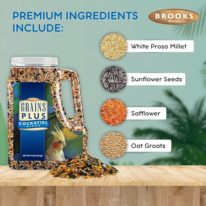 Brooks Brand Grains Plus Cockatiel Blend, Bird Food Cockatiel Bird Seed Mix, Alimento para Pajaritos, 7 lb Jug