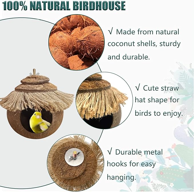 Tfwadmx Natural Coconut Fiber Hanging Birdhouse for Cage, Bird Shell Breeding Nest for Parrot, Parakeet, Lovebird, Finch, Canary, Small Animals House, Bird Hideout with Coconut Twine Decoration