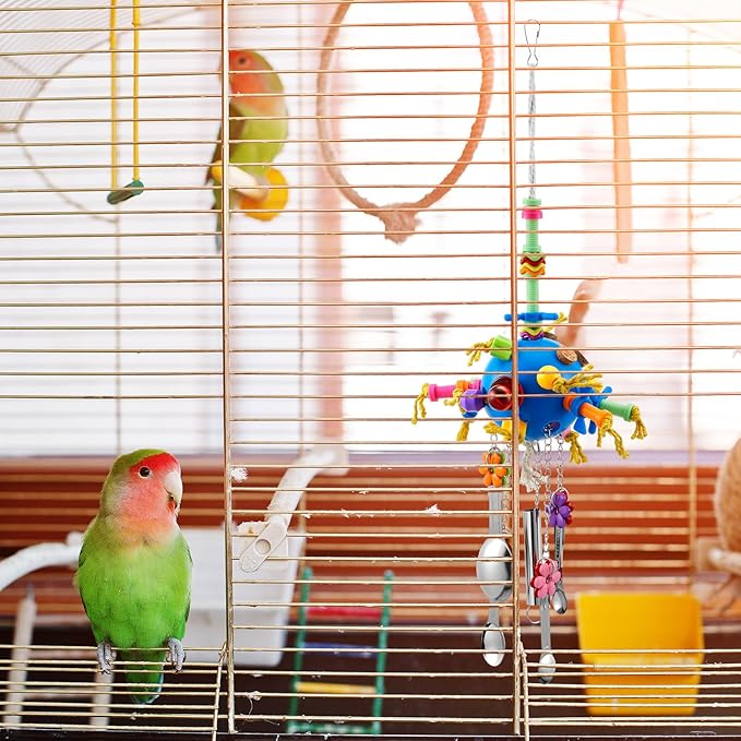 Seenelling 3 Pcs Extra Large Bird Parrot Toy Multicolored Natural Wooden Parrot Cage Chewing Toys for Large Medium Macaws Cockatoos African Grey Birds (Ring and Ball)
