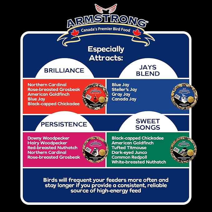 Armstrong Wild Bird Food Variety Flavor Granola Stacks, Pack of 4 - Royal Jubilee Brilliance, Jays Blend, Persistence & Sweet Songs - High-Energy Bird Treats, Ideal for Granola Stack Feeders