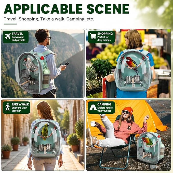Rypet Bird Carrier Backpack Parrot Portable Breathable Bag Pet Bird Lightweight Travel Cage with Standing Perch and Stainless Steel Tray（Mint Green）