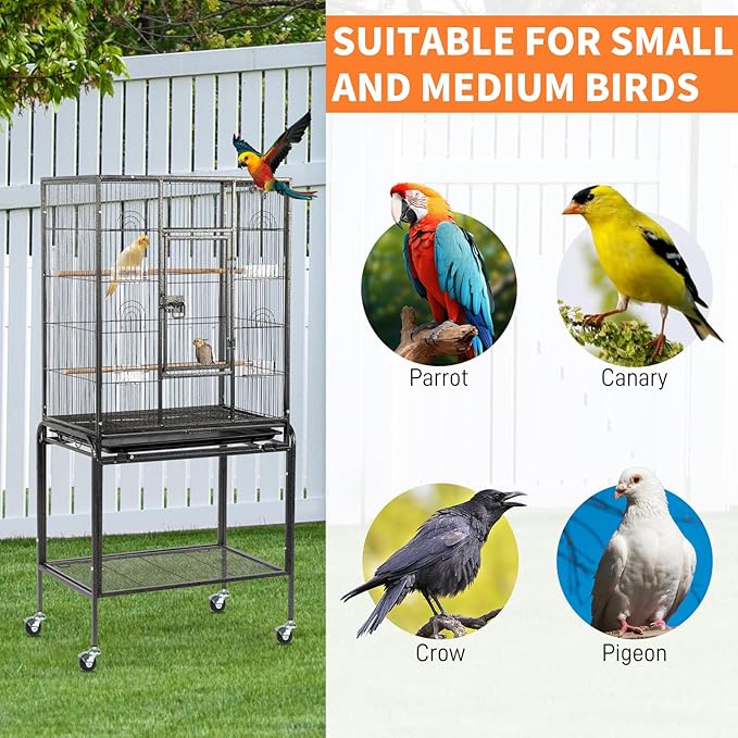 VINGLI 53-inch Bird Cage with Wheels, Durable Wrought Iron Parakeet Cage with Slide Out Tray, Black Bird Cages for Parakeets/Lovebird/Cockatiels/Budgies and Other Small/Medium Birds (Black, 53 inch)