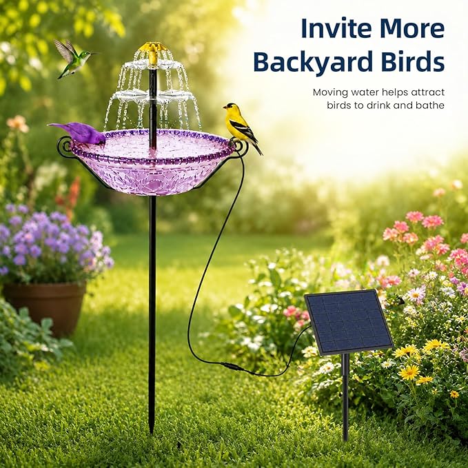 Bird Bath for Outside with Solar Fountain, Plastic Bowl on Metal Stake and Ground Stand, Freestanding Garden Accent for Yard and Patio (Purple(L))