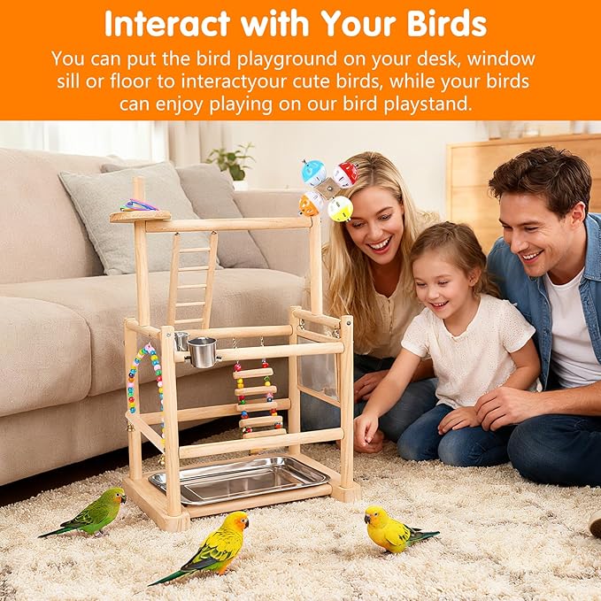 Bird Playground, 3 Tier Bird Perch Stand Parrot Playground Bird Tree with Parakeet Toys, Bird Ladder & Swing, Feeder Cups, Parakeet Mirror, and Removable Tray for Small to Medium Birds