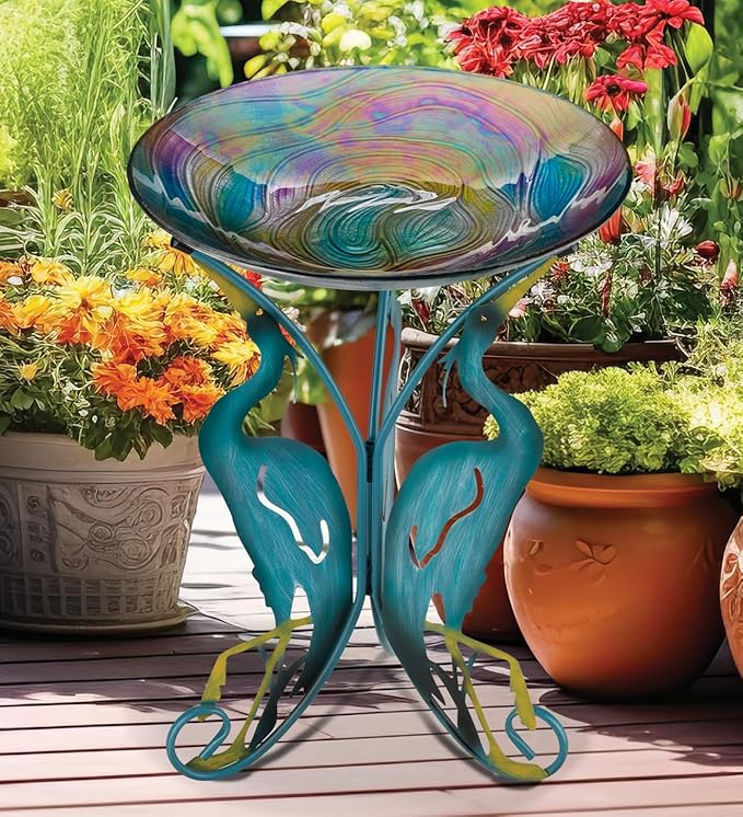 Regal Art & Gift 25" Bird Bath with Decorative Stand - Durable Glass Bowl with Heavy-Duty Metal Stand, Easy to Fill, Ideal for Patio, Porch & Garden Décor - Heron
