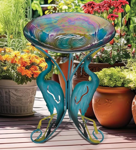 Regal Art & Gift 25" Bird Bath with Decorative Stand - Durable Glass Bowl with Heavy-Duty Metal Stand, Easy to Fill, Ideal for Patio, Porch & Garden Décor - Heron