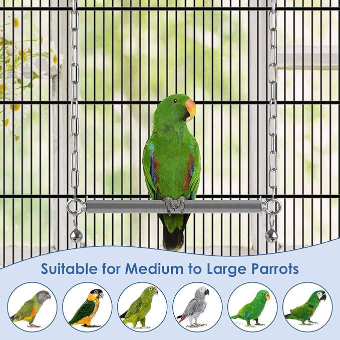 DBNESS Stainless Steel Large Bird Swing, Hanging Heavy Duty Parrot Swings Perches Stand Toys with Bell, Claw Grinding Birdcage Accessories for Macaw Afican Grey Amazon Cockatoo