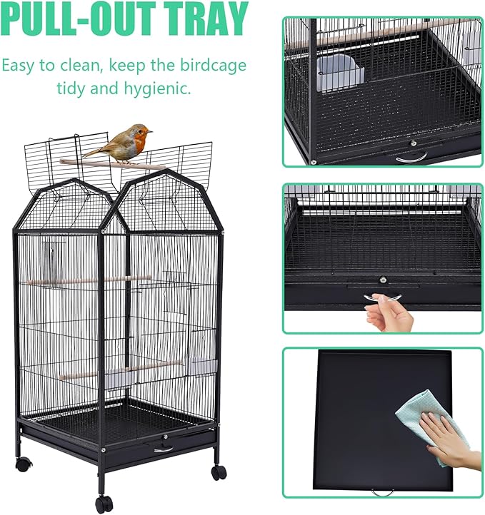 40 Inch Wrought Iron Bird Cage with Rolling Stand Metal 360 Degree View Spacious Interactive Roof Durable and Rustproof for Parrots Finches Lovebirds Budgie Canaries Macaw