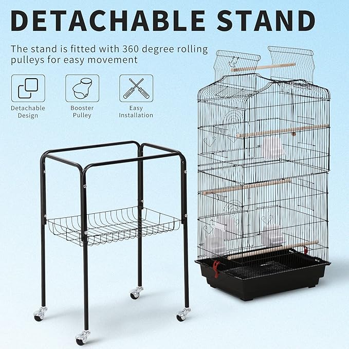HCY Open Top Standing Bird Cage 64 Inch with Rolling Stand for Parakeets Cockatiel Parrots Lovebirds Medium Small Bird Cage-Black, L18 * W14 * H62 inches