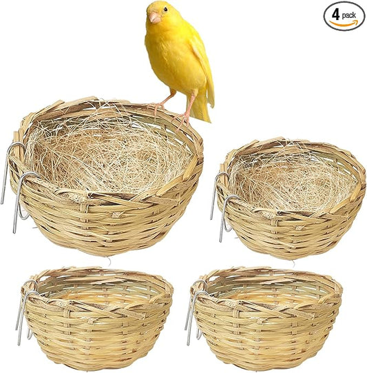 VCEPJH Handmade Bird Nest for Cage 4 Pack Bamboo Canary Breeding Nest with Hook Finch Nesting Hatching House with Fiber Liner for Littile Finch Parakeet Cockatiel Budgie