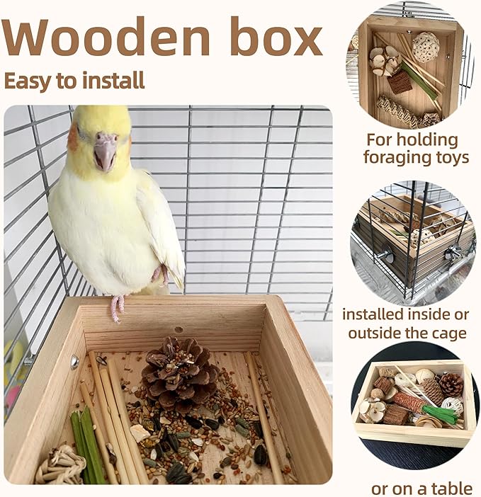 Wooden Foraging Box for Cage with 30PCS Natural Foraging & Chew Parrot Toy for Parakeets, Cockatiels, Conures & Lovebirds and Other Small to Medium Birds