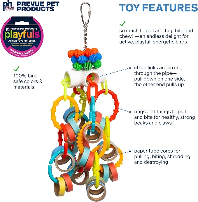 Prevue Pet Products Loops 'n Rings Playfuls Physical & Mental Bird Toy - Accessories for Parrots, Conures, African Greys, Amazons, and Medium to Large Birds, Hanging Cage Toy for Shredding & Chewing