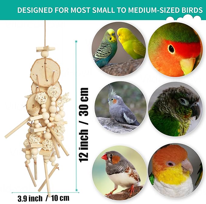 Natural Wood Bird Chew Toy for Cockatiels, Parakeets, Conures, Budgies & Lovebirds – Wooden Shredder and Foraging Bird Toys for Cage Enrichment